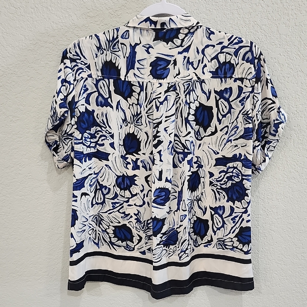 Anthropologie Maeve Classic Surf Top Blue Black Tropical Button Down Resort Top - Picture 8 of 10
